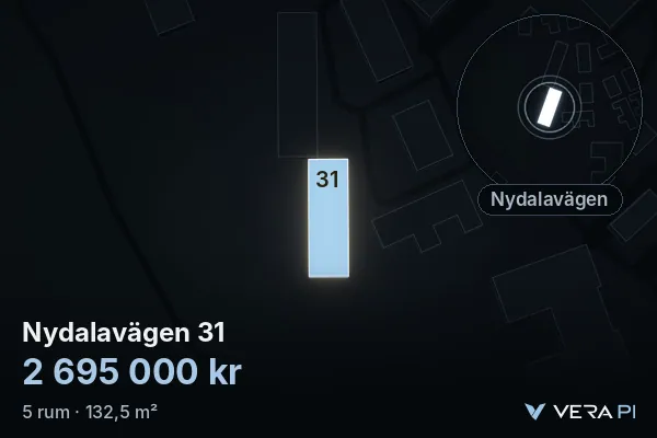 VERA PI's image of Nydalavägen 31: the building in 3D, lit in blue, and the map around it