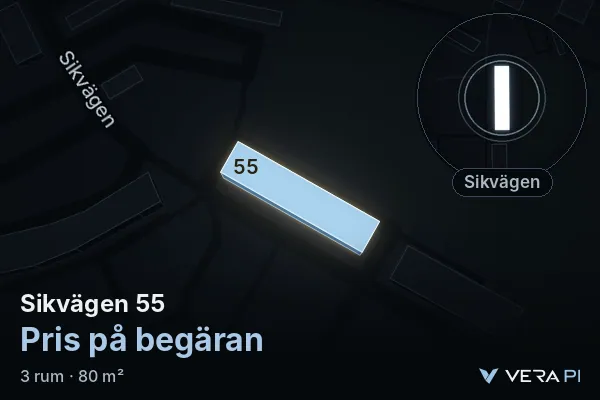 VERA PI:s bild av Sikvägen 55: huset i 3D, upplyst i blått, och kartan runt omkring