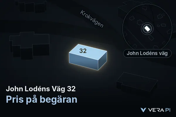 VERA PI:s bild av John Lodéns Väg 32: huset i 3D, upplyst i blått, och kartan runt omkring