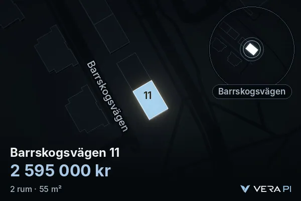 VERA PI's image of Barrskogsvägen 11: the building in 3D, lit in blue, and the map around it
