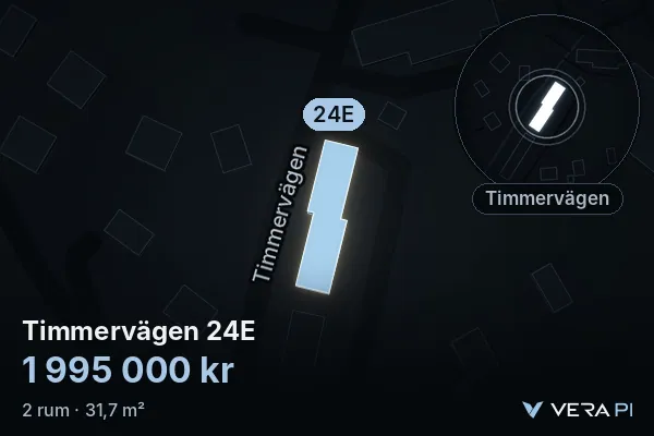 VERA PI:s bild av Timmervägen 24E: huset i 3D, upplyst i blått, och kartan runt omkring
