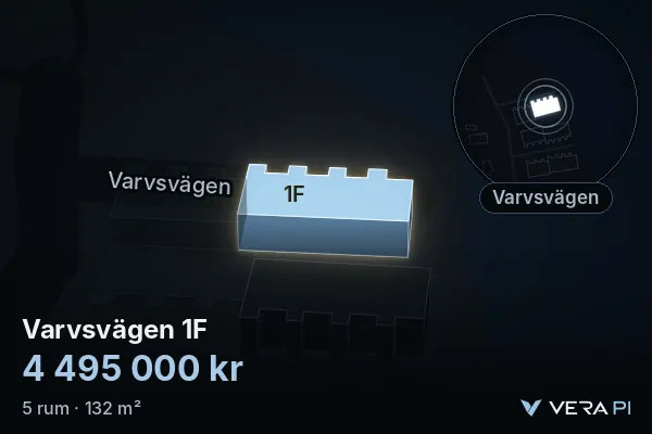 VERA PI:s bild av Varvsvägen 1F: huset i 3D, upplyst i blått, och kartan runt omkring