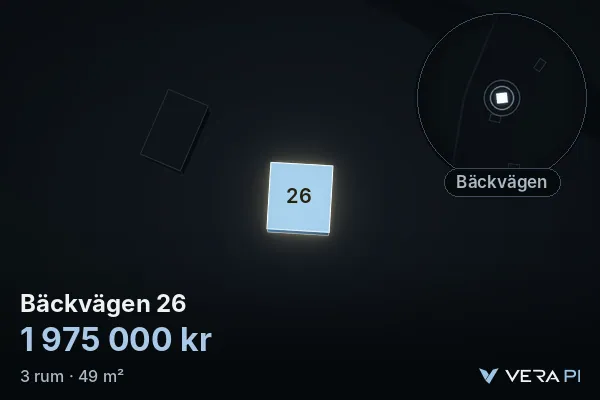 VERA PI's image of Bäckvägen 26: the building in 3D, lit in blue, and the map around it