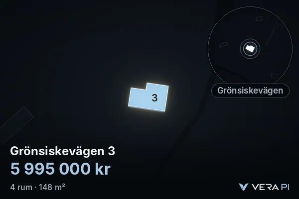 VERA PI's image of Grönsiskevägen 3: the building in 3D, lit in blue, and the map around it