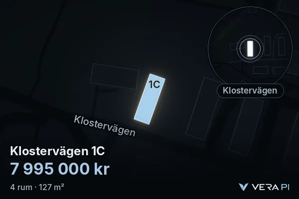 VERA PI's image of Klostervägen 1C: the building in 3D, lit in blue, and the map around it