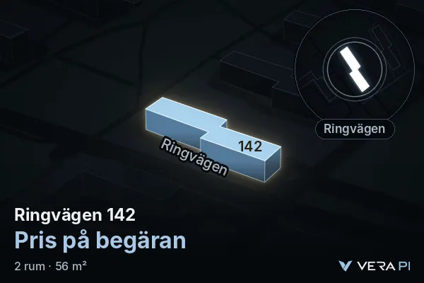 VERA PI:s bild av Ringvägen 142: huset i 3D, upplyst i blått, och kartan runt omkring