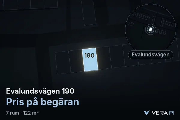 VERA PI:s bild av Evalundsvägen 190: huset i 3D, upplyst i blått, och kartan runt omkring