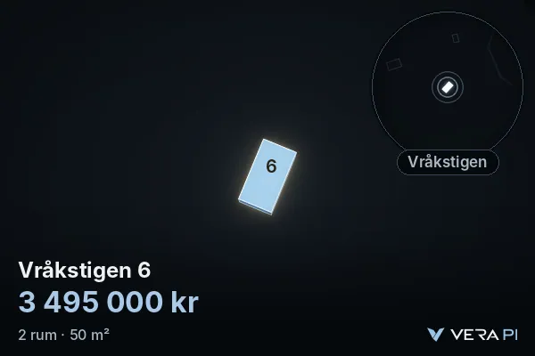 VERA PI:s bild av Vråkstigen 6: huset i 3D, upplyst i blått, och kartan runt omkring