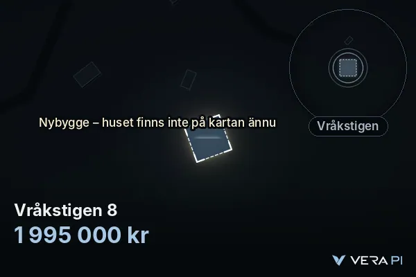 VERA PI:s bild av Vråkstigen 8: huset i 3D, upplyst i blått, och kartan runt omkring