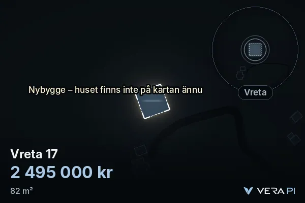 VERA PI:s bild av Vreta 17: huset i 3D, upplyst i blått, och kartan runt omkring