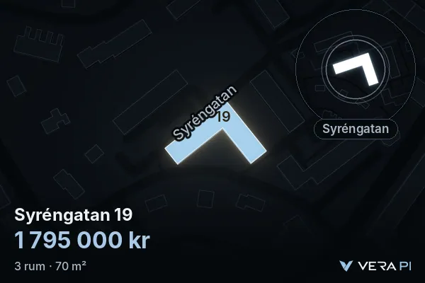 VERA PI's image of Syréngatan 19: the building in 3D, lit in blue, and the map around it