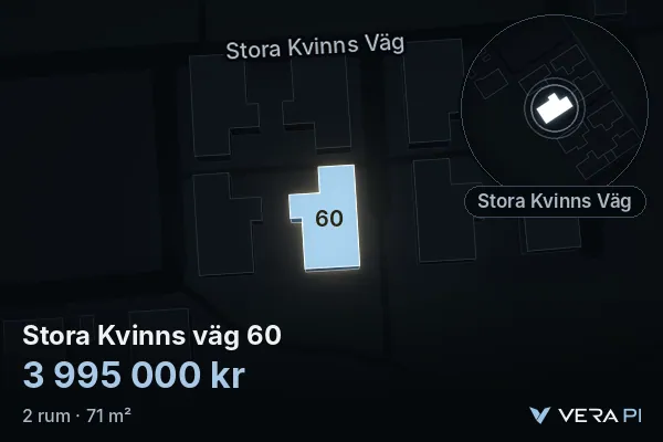 VERA PI:s bild av Stora Kvinns väg 60: huset i 3D, upplyst i blått, och kartan runt omkring