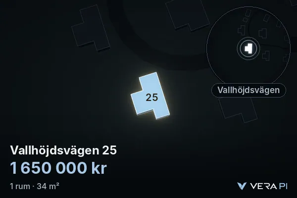 VERA PI:s bild av Vallhöjdsvägen 25: huset i 3D, upplyst i blått, och kartan runt omkring