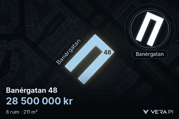 VERA PI:s bild av Banérgatan 48: huset i 3D, upplyst i blått, och kartan runt omkring