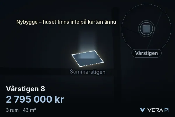 VERA PI's image of Vårstigen 8: the building in 3D, lit in blue, and the map around it