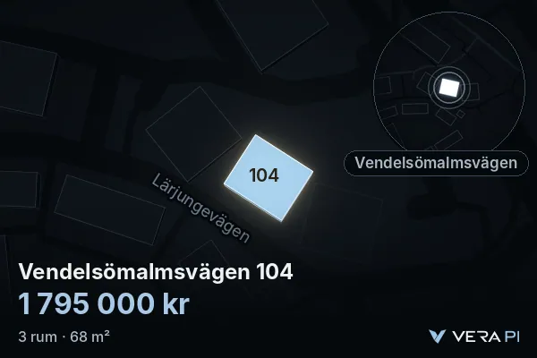 VERA PI:s bild av Vendelsömalmsvägen 104: huset i 3D, upplyst i blått, och kartan runt omkring