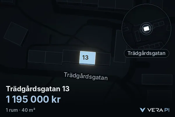 VERA PI's image of Trädgårdsgatan 13: the building in 3D, lit in blue, and the map around it