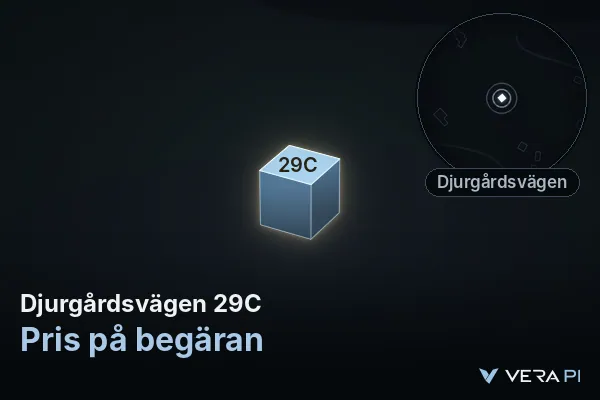 VERA PI's image of Djurgårdsvägen 29C: the building in 3D, lit in blue, and the map around it