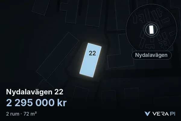 VERA PI's image of Nydalavägen 22: the building in 3D, lit in blue, and the map around it