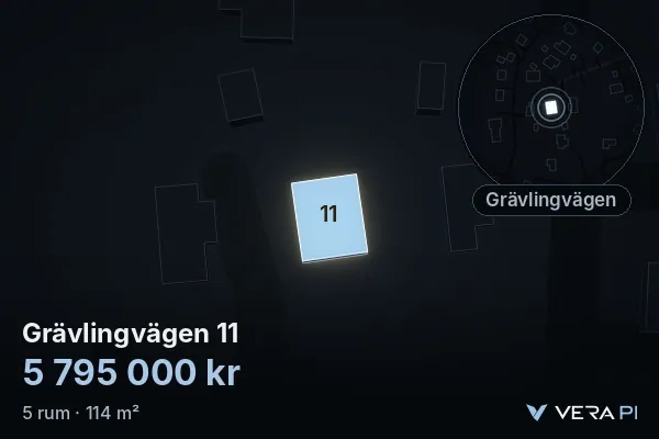 VERA PI:s bild av Grävlingvägen 11: huset i 3D, upplyst i blått, och kartan runt omkring