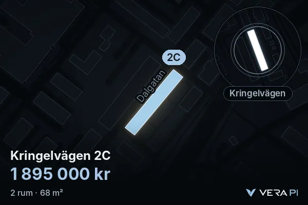 VERA PI's image of Kringelvägen 2C: the building in 3D, lit in blue, and the map around it
