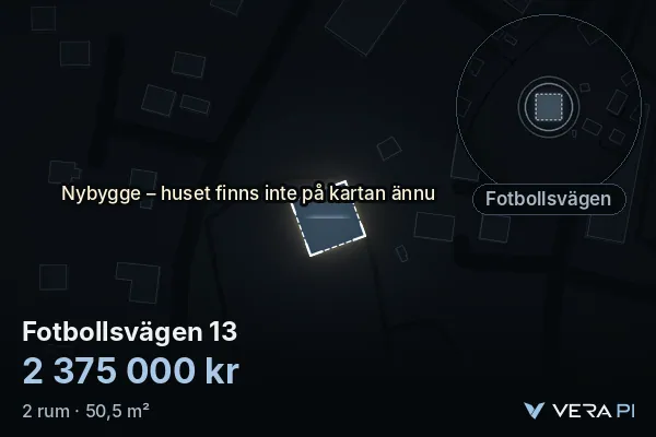 VERA PI's image of Fotbollsvägen 13: the building in 3D, lit in blue, and the map around it