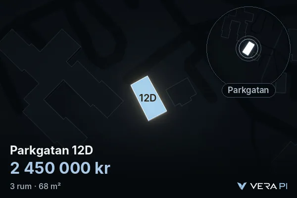 VERA PI's image of Parkgatan 12D: the building in 3D, lit in blue, and the map around it
