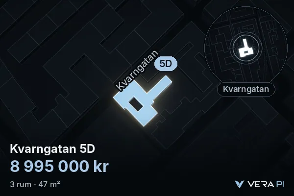 VERA PI:s bild av Kvarngatan 5D: huset i 3D, upplyst i blått, och kartan runt omkring