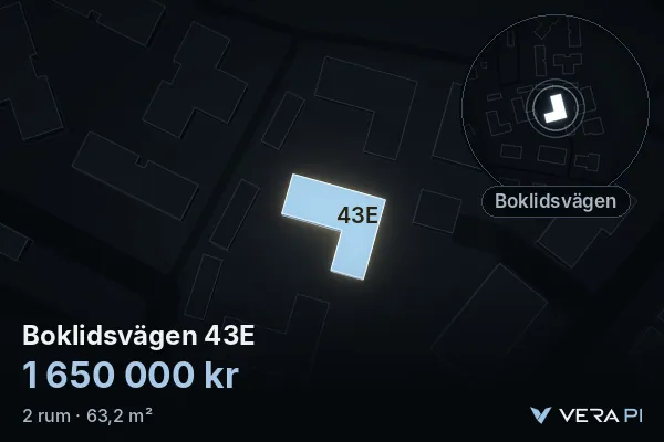 VERA PI's image of Boklidsvägen 43E: the building in 3D, lit in blue, and the map around it