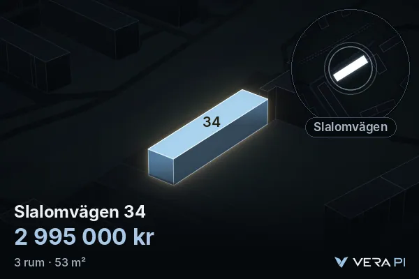 VERA PI's image of Slalomvägen 34: the building in 3D, lit in blue, and the map around it