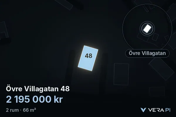 VERA PI's image of Övre Villagatan 48: the building in 3D, lit in blue, and the map around it
