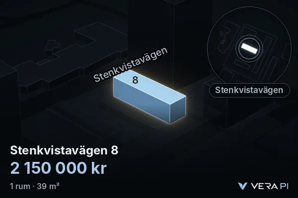 VERA PI:s bild av Stenkvistavägen 8: huset i 3D, upplyst i blått, och kartan runt omkring