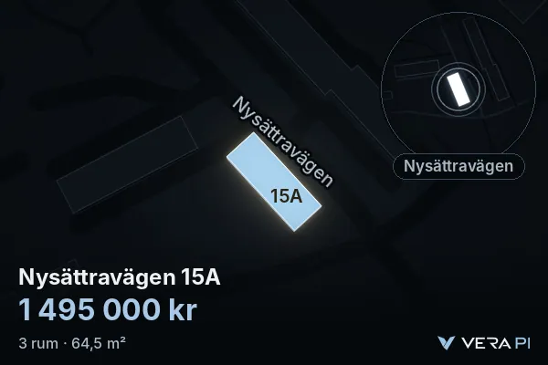 VERA PI's image of Nysättravägen 15A: the building in 3D, lit in blue, and the map around it