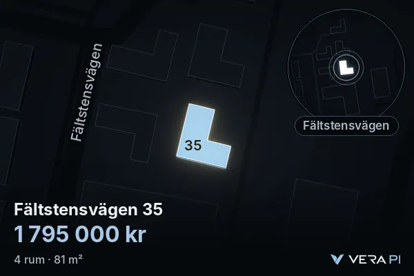 VERA PI's image of Fältstensvägen 35: the building in 3D, lit in blue, and the map around it