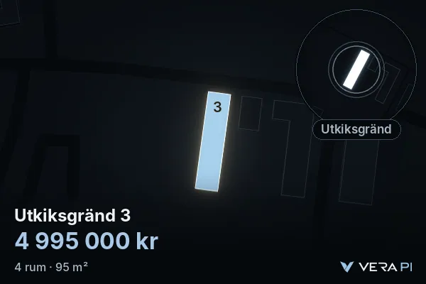 VERA PI:s bild av Utkiksgränd 3: huset i 3D, upplyst i blått, och kartan runt omkring