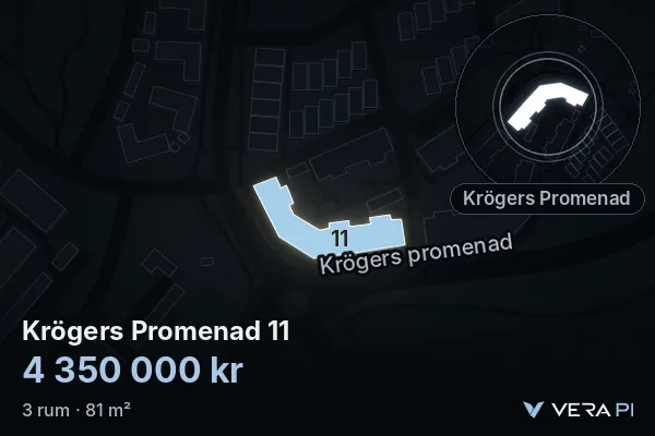 VERA PI's image of Krögers Promenad 11: the building in 3D, lit in blue, and the map around it