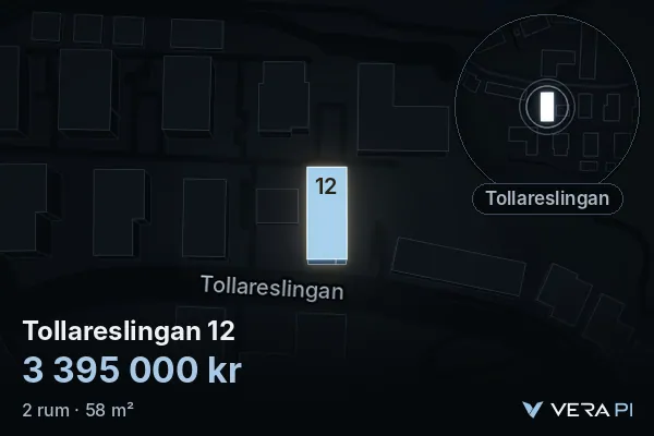 VERA PI:s bild av Tollareslingan 12: huset i 3D, upplyst i blått, och kartan runt omkring