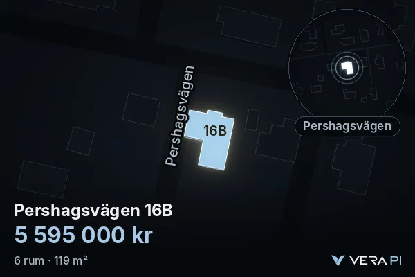 VERA PI:s bild av Pershagsvägen 16B: huset i 3D, upplyst i blått, och kartan runt omkring