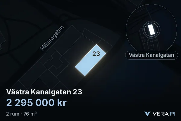 VERA PI:s bild av Västra Kanalgatan 23: huset i 3D, upplyst i blått, och kartan runt omkring