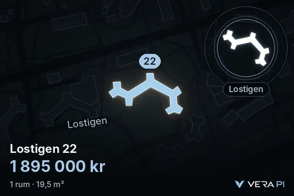 VERA PI's image of Lostigen 22: the building in 3D, lit in blue, and the map around it