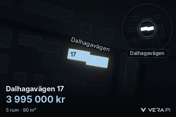 VERA PI's image of Dalhagavägen 17: the building in 3D, lit in blue, and the map around it