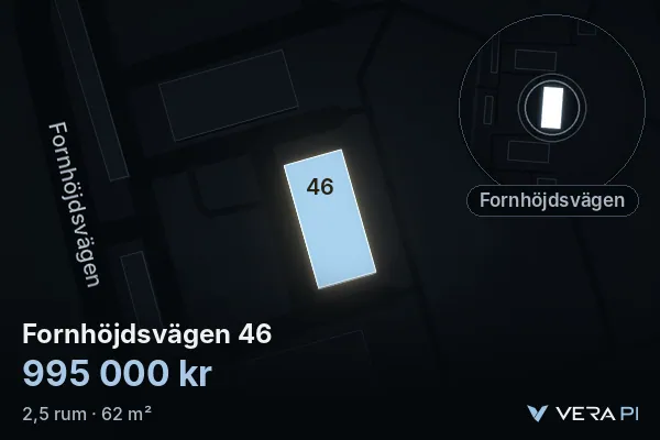 VERA PI:s bild av Fornhöjdsvägen 46: huset i 3D, upplyst i blått, och kartan runt omkring