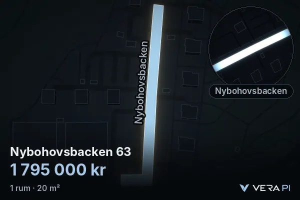 VERA PI's image of Nybohovsbacken 63: the building in 3D, lit in blue, and the map around it