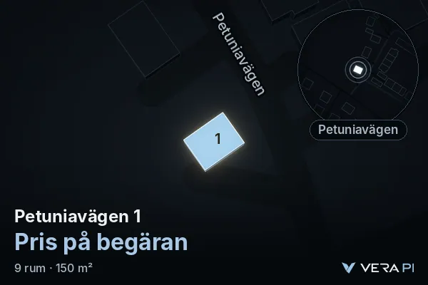 VERA PI:s bild av Petuniavägen 1: huset i 3D, upplyst i blått, och kartan runt omkring