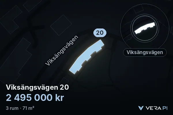 VERA PI's image of Viksängsvägen 20: the building in 3D, lit in blue, and the map around it
