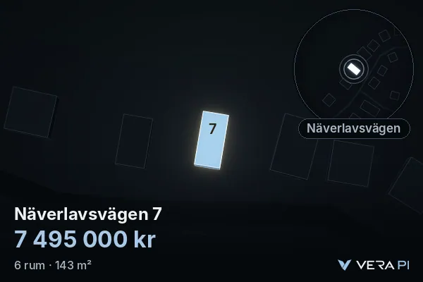 VERA PI's image of Näverlavsvägen 7: the building in 3D, lit in blue, and the map around it