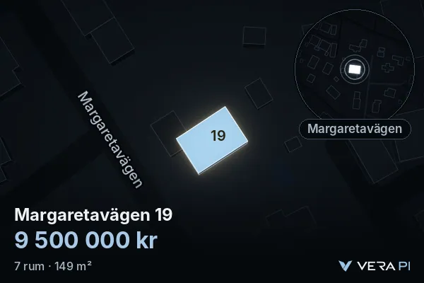 VERA PI:s bild av Margaretavägen 19: huset i 3D, upplyst i blått, och kartan runt omkring