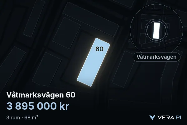 VERA PI's image of Våtmarksvägen 60: the building in 3D, lit in blue, and the map around it