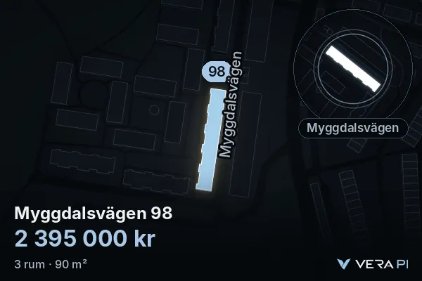 VERA PI's image of Myggdalsvägen 98: the building in 3D, lit in blue, and the map around it