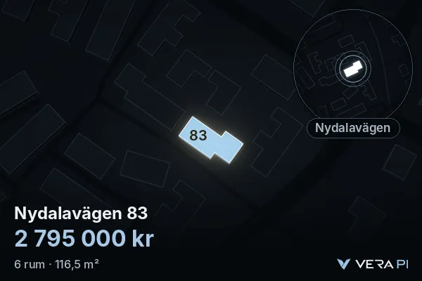 VERA PI's image of Nydalavägen 83: the building in 3D, lit in blue, and the map around it